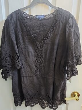 Democracy Crochet Trim Black V-Neck Women's Top